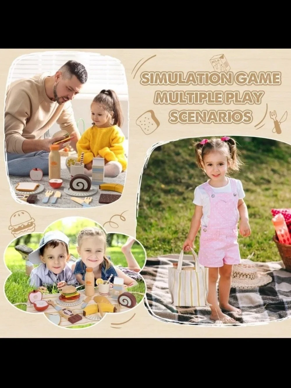 Lehoo Castle Play Food Sets for Kids Kitchen Wooden Toys Food Picnic Playset NEW